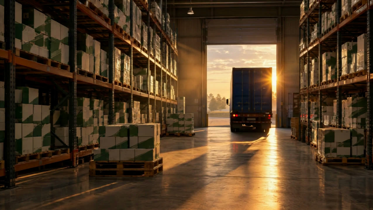 A parts warehouse at sunset: shelves of white-and-green boxes and a container truck at the open loading door