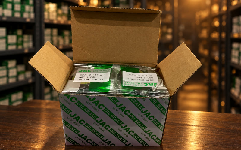 An open JAC oil seal box full of labelled JAC pouches on a counter in a stocked storeroom